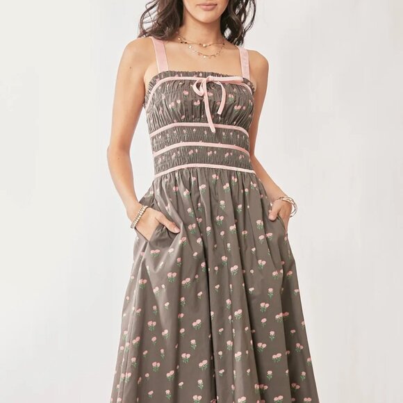 Davi & Dani Contrast Velvet Tape‎ Smocking Bodice Midi Dress - Picture 5 of 11